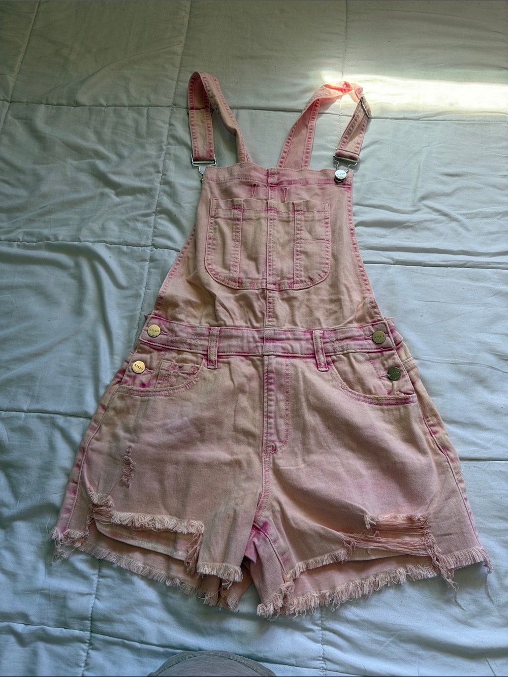 Women's Pink Denim Short Overalls - Casual Frayed Hem Bermudas